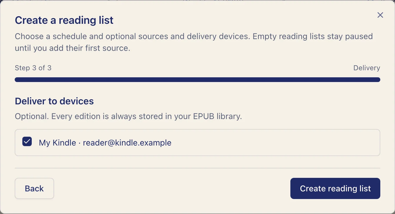Reading list wizard with a selected Kindle destination