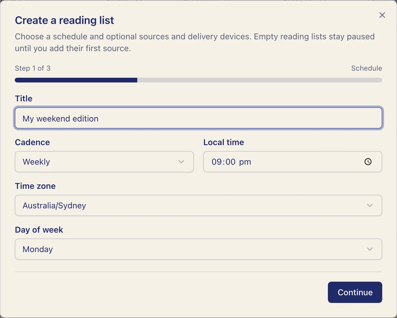 Reading list wizard with title and schedule fields