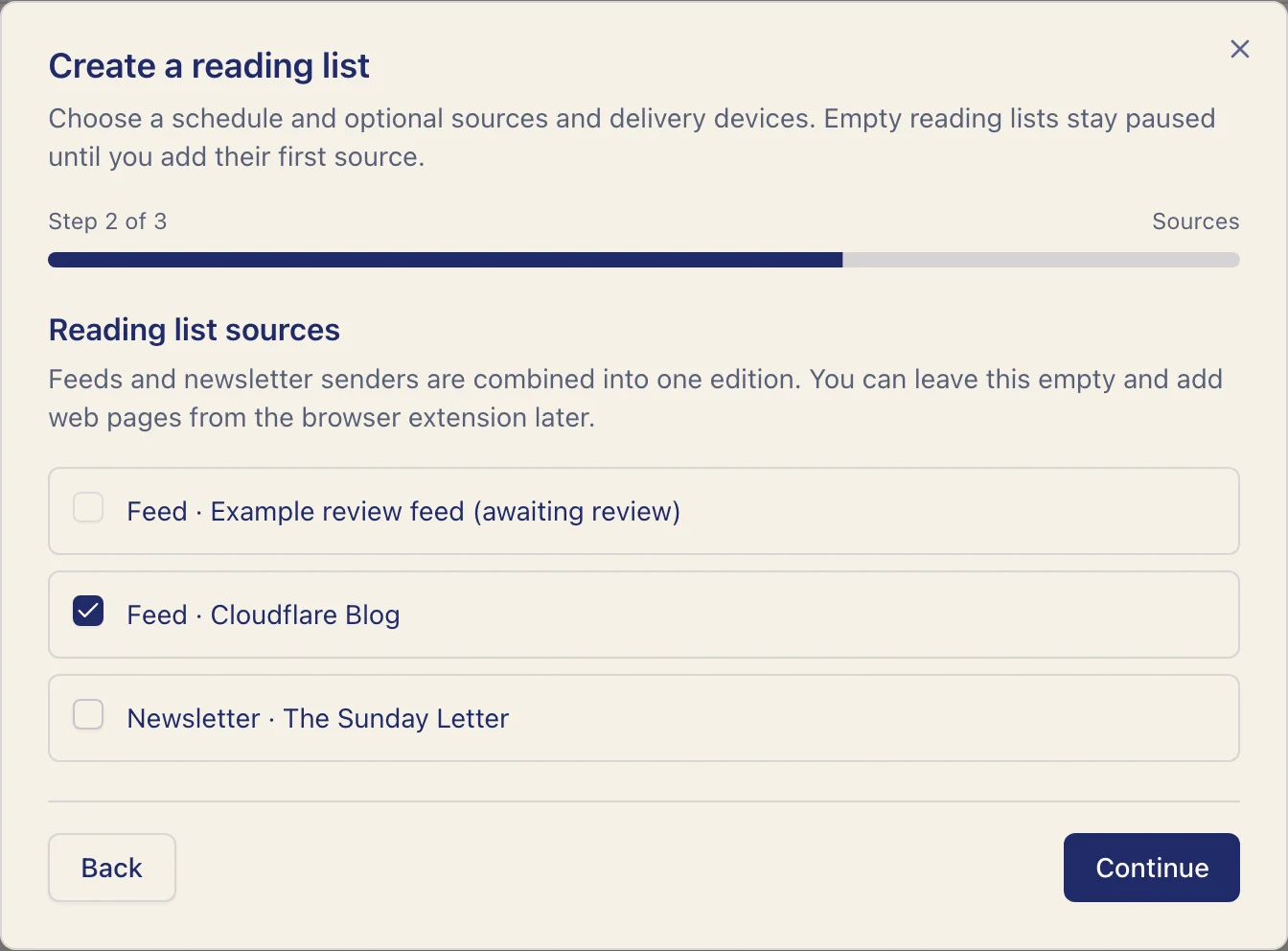 Reading list wizard with a selected public feed